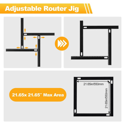 Adjustable Heavy Duty Aluminum Juice Groove Router Jig showing dimensions 21.65x21.65 inches for woodworking projects.