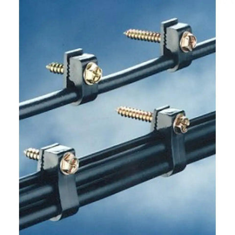 Coaxial And Cat6 Cable Clips With 1 Quarter Inch Screws Black 100 Pack securing cables to surface, durable plastic, non-conductive
