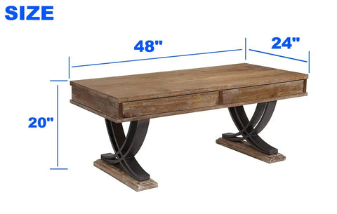 Built Tough Industrial Rustic Coffee Table Crafted From Thick Solid Acacia Wood With Two Deep Storage Drawers And Heavy Duty X Shaped Steel Base For Modern Living Room Decor, dimensions 48x24x20 inches.