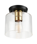 Polly 1 Light Flush Mount Ceiling Light With Black Finish, Clear Glass Shade, Antique Brass Socket, Vintage Edison Bulb Included