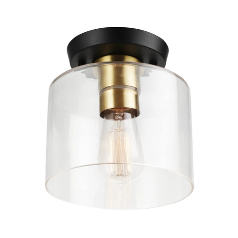 Polly 1 Light Flush Mount Ceiling Light With Black Finish, Clear Glass Shade, Antique Brass Socket, Vintage Edison Bulb Included