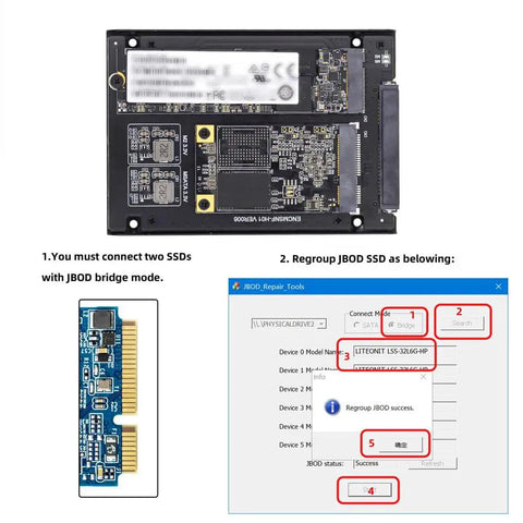 Dual Slot M.2 Ngff Bridge Straight Up Transforms MSATA Drives Into A Rugged 2.5 Inch SATA HDD Enclosure For Desktops And Laptops Offering JBOD RAID0 Span Modes That Will Seriously Punch Up Your Storage Game setup with two SSDs and connection steps.