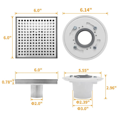 6 Inch Square Shower Drain With Flange In SUS 304 Stainless Steel Watermark Finish Front and Side Views with Dimensions