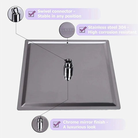 16 Inch Square Rain Shower Head Polished Chrome Stainless Steel Ultra Thin Waterfall For Full Body Coverage back view