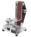 Aunmas 775 Electric Belt Sander With Powerful 9000Rpm Motor For Super Fast Grinding Metal Wood Sanding Polishing Compact Mini Bench Grinder Machine US Plug, showing motor and sanding belt on a metal base.