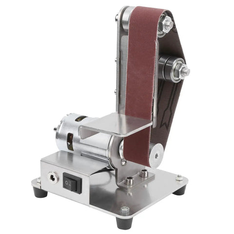 Multifunctional Mini Electric Belt Sander With 9000Rpm Brushless Motor Perfect For Home DIY Projects Metal Polish Grinding And Deburrin Includes 30X330Mm Sandbelt Adjustable Eccentric Dial For Precision Finish, showing metallic structure with a sandbelt.