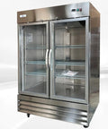 Top Shelf Commercial Double Door Glass Freezer Stainless Steel Upright Reach In Merchandiser 54 Inch Wide 47 Cu Ft six shelf display cooler.