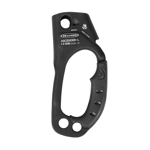 Black left-hand Passport Handled Rope Ascender with ergonomic rubber grip for 8-13mm ropes, compact low-profile thumb catch safety.