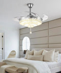 Bedroom with Crystal Ceiling Fan With Lights Retractable Fandelier In Modern Chrome Remote Control 3 Speeds 3 Color Temperatures