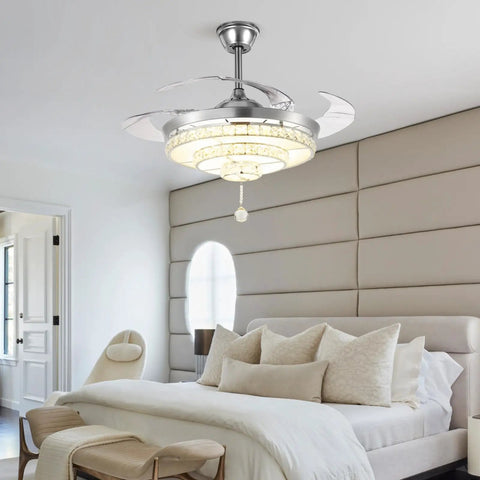 Bedroom with Crystal Ceiling Fan With Lights Retractable Fandelier In Modern Chrome Remote Control 3 Speeds 3 Color Temperatures