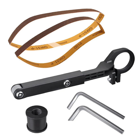 Upgrade Any Angle Grinder To A Belt Sander Instantly with a steel attachment, sanding belts, and tools for woodworking and metal polishing.