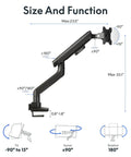 Heavy Duty Single Monitor Arm, Premium Aluminum Desk Mount With Butter Smooth Adjustments showing tilt, swivel, and rotation features.