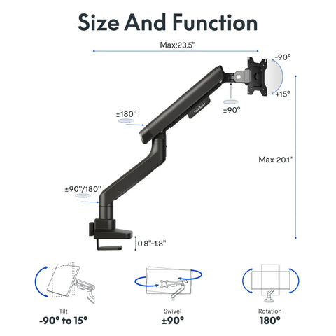 Heavy Duty Single Monitor Arm, Premium Aluminum Desk Mount With Butter Smooth Adjustments showing tilt, swivel, and rotation features.