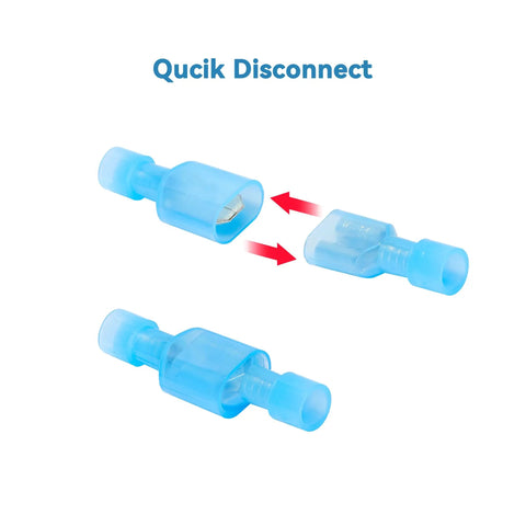 Blue quick disconnect connectors with arrows showing connection mechanism for 100 Pcs Nylon Female Spade Quick Disconnect Connectors Kit Yellow For 12 To 10 AWG Wire Tinned Copper Cold Pressed Insulated Terminals DIY Friendly Ideal For Automotive Electrical Crimping And Easy Solderless Connections.