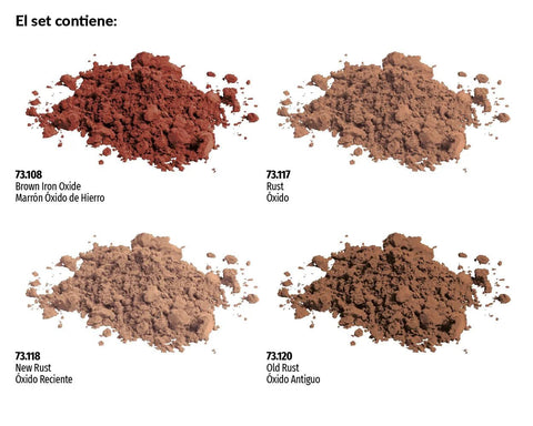 Vallejo Pigment FX Rust & Corrosion Set, 4 bottles (35 ml) of brown iron oxide and rust pigments.