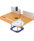 Rock Solid Adjustable Electric Router Lift System With Inverted Lifting Base For Router Tables Heavy Duty Build, smooth orange table with adjustable guide.