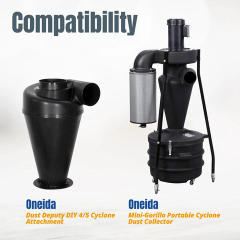 Two black dust collectors, Dust Deputy DIY 4/5 Cyclone Attachment and Mini-Gorilla Portable Cyclone Dust Collector, displayed side by side.