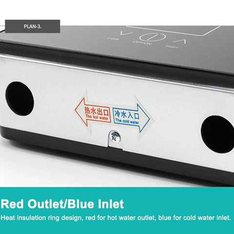 Instant 6500W Electric Water Heater For Bathroom And Dormitory With Digital Temp Display showing red outlet and blue inlet labels.
