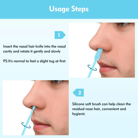 Five Pack 2 In 1 Nasal Hair Cutter Double Sided Nose Hair Trimmer usage steps with soft brush shown for men and women