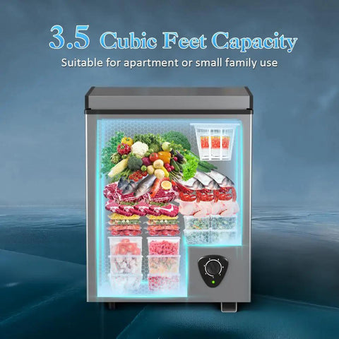 Compact 3.5 Cubic Feet Chest Freezer With Seven Adjustable Temperature Controls keeps various frozen foods organized.