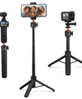Mini Selfie Stick Tripod Stand With Five Adjustable Levels And 360 Degree Ball Head Pocket Tripod With Cold Shoe, in use with smartphone, action camera and compact camera