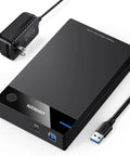 Dope USB 3.0 External Hard Drive Enclosure for 2.5 and 3.5 Inch SATA HDD or SSD, compact design with power adapter and USB cable.