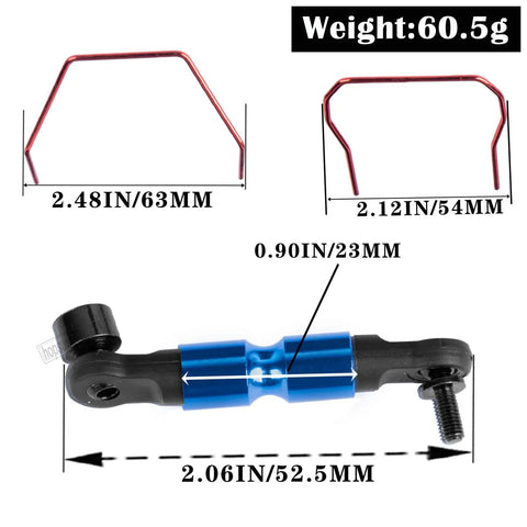 Beefed Up Aluminum Front And Rear Wide Sway Bar Kit for 1/10 Slash Stampede Rustler Rally 4X4 RC Cars, with size details.