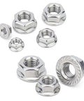 M8 X 1.25mm Serrated Flange Hex Lock Nut Set 25 Pieces 304 Stainless Steel in bright finish detail view