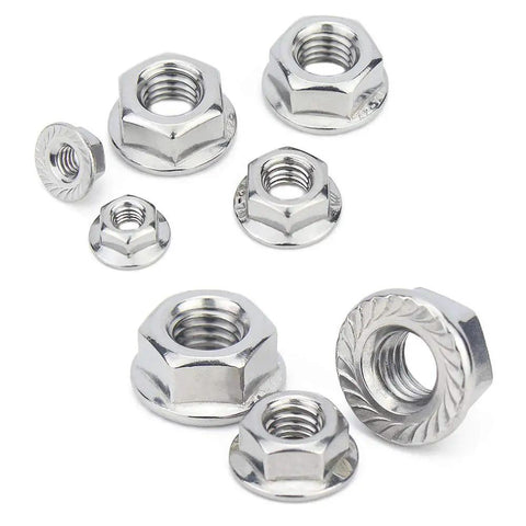 M8 X 1.25mm Serrated Flange Hex Lock Nut Set 25 Pieces 304 Stainless Steel in bright finish detail view