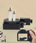 360 Degree Electric Optical Rotating Platform Workhorse Rotary Table Motorized Rotation Stage 100 Millimeter High Precision Bearing Scale with Scale Ring and Fixed Holes for Precision Machining Aluminum Alloy Build holding cosmetic bottles, viewed through camera