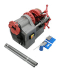 Electric Pipe Threader Workhorse One Half To Two Inch NPT With Twenty Eight RPM Threading Cutter Three In One Tool For Threading Cutting And Reaming Includes Clamping Device And Oiling System Built For Construction And Installation Jobs., electric pipe threader with dies, oil can, and steel pipes