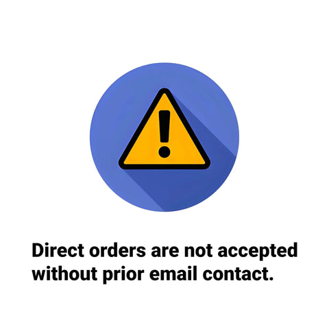Warning sign with exclamation mark on blue background, indicating no direct orders without email contact.