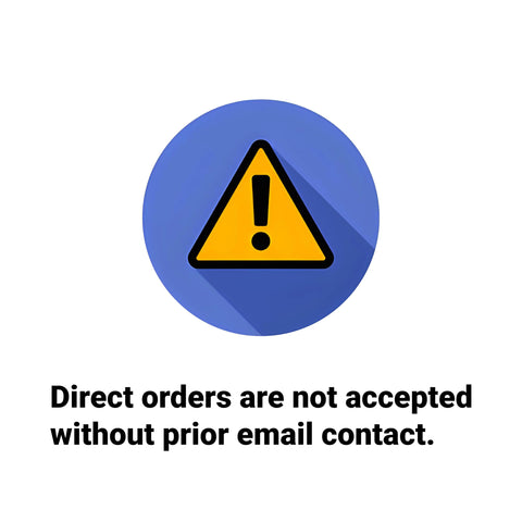 Warning sign with exclamation mark on blue background stating direct orders not accepted without email contact.