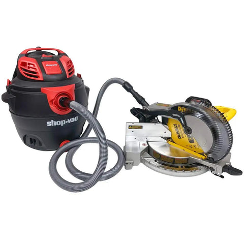 Premium 50 Foot Shop Vacuum Hose With Power Tool Adapter Set connected to saw, showing flexible and smooth crush-proof design.