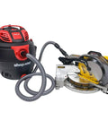 Hardcore Heavy Duty 30 Foot Shop Vac Hose With Crushproof Walls And Super Flexible Design For No Sweat Wet Dry Cleanup Including Plug And Play Power Tool Adapter Set Silver connected to a miter saw and vacuum.