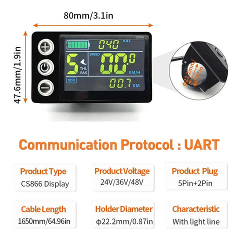 Beefy 40A Sine Wave Controller With CS866 Color Display For 500W 800W 1000W And 1800W Electric Bicycles Hub Motors, Adjustable Throttle And PAS, Aluminum Housing For Superior Heat Dissipation, 24V 36V 48V Compatible