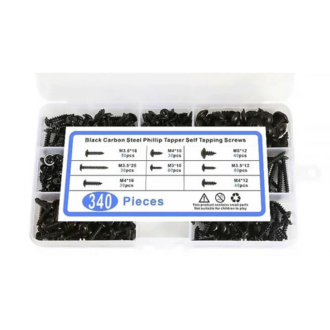 340 Piece Black Phillips Self Tapping Screws Set M3 M3.5 M4 M5 With Washer And Cross Head Pad Kit Assortment Box For DIY