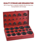 Open red case showing 419 Piece Metric O Ring And Gasket Kit With 32 Universal Sizes NBR Buna N Nitrile Rubber O Ring Set displayed.