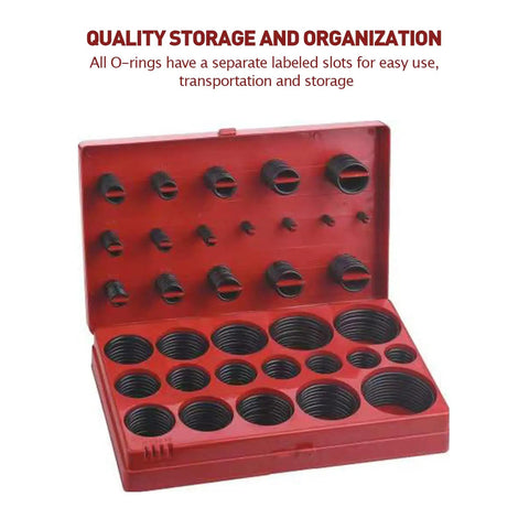 Open red case showing 419 Piece Metric O Ring And Gasket Kit With 32 Universal Sizes NBR Buna N Nitrile Rubber O Ring Set displayed.