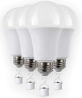 9W Warm White LED Emergency Light Bulb With Battery Backup 850 Lumens 120V AC 4 Pack shown with E26 socket hooks