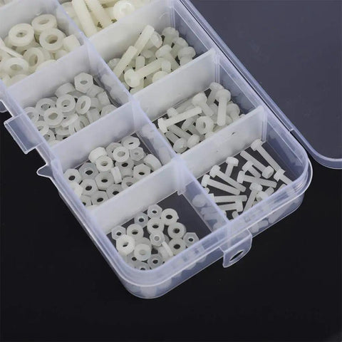 270 Piece Nylon Screw Set In Resealable Box, Assorted White Nylon Fasteners For DIY Projects, Easy To Tighten And Loosen Threads, Ultra Tough, Reliable Quality, Long Lasting Use, Handy Storage Box Included, clear box with M2-M5 screws, nuts and washers