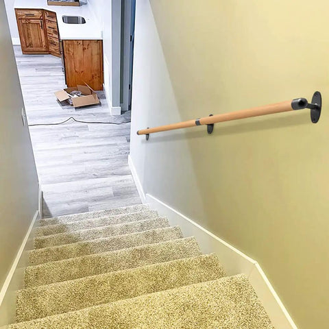 52 Inch Wood Handrail For Indoor Stairs With Wall Mount And Metal Brackets, Rock Solid Barrier Free Grab Bar For Elderly, 1.3 Inch Round Diameter, Smooth Edges, Each Bracket Supports 300 Lbs, Easy Install installed on beige stairway