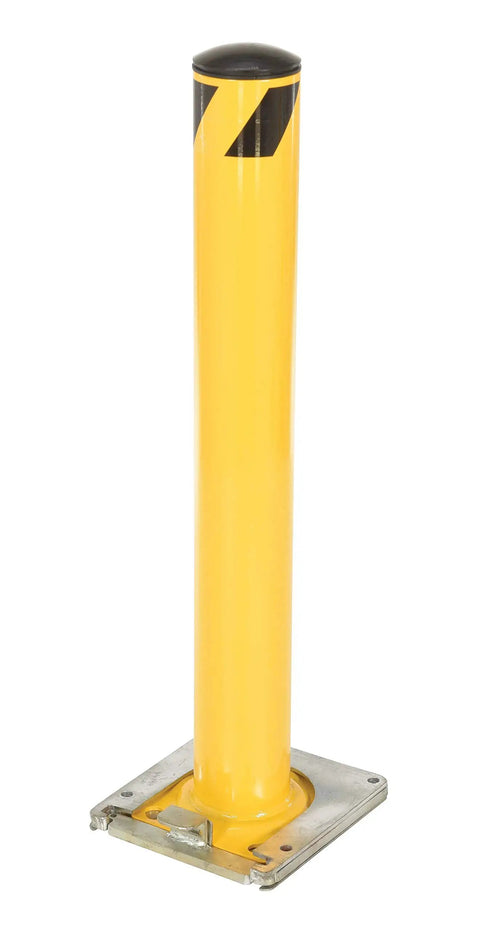 Heavy Duty Steel Safety Bollard 36 Inch Height 4.5 Inch Diameter Surface Mounted Removable Pipe Guard in bright yellow finish.