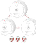 Interconnected Carbon Monoxide Alarm System With No WiFi Needed, Wireless Intercommunication, 10 Year Battery Operated CO Detectors, UL Listed UL 2034 5th Certified, Compact Portable Home And RV Alarm Pack Of 3 showing front view and batteries