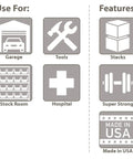 Icons showing uses for Heavy Duty Plastic Stacking Storage Bins In Beige Featuring A Six Pack Bundle With Reinforced Structural Frames For Rock Solid Load Support And Top Shelf Garage Organization System.