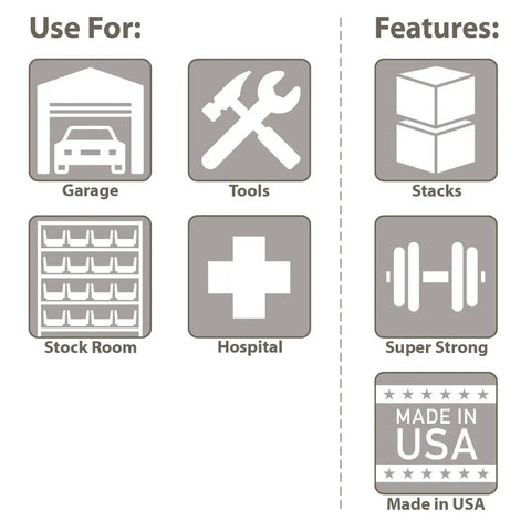 Icons showing uses for Heavy Duty Plastic Stacking Storage Bins In Beige Featuring A Six Pack Bundle With Reinforced Structural Frames For Rock Solid Load Support And Top Shelf Garage Organization System.