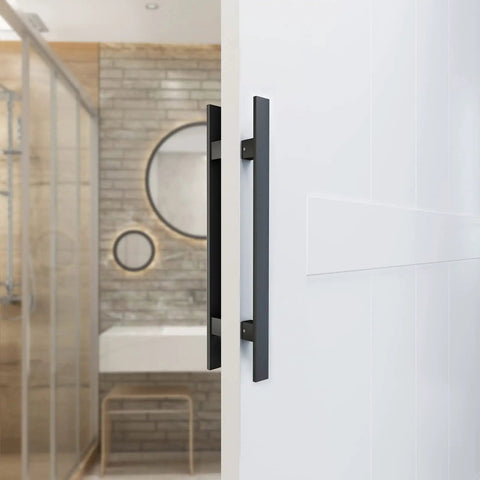 18 Inch Heavy Duty Barn Door Push Pull Handle in Stainless Steel 304 Brushed Finish Rust Resistant for Wood Glass Office Front Doors Square Commercial Door Handle Set Fits 1.75 to 2.75 Inch Door Thickness on white door
