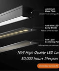 Diagram of All In One Tall Flexible LED Desk Lamp With Gooseneck, featuring aluminum base, anti-blue LED beads, and soft light panel.
