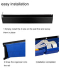 Wall Mounted Garage Storage Rack With Eight Bins And Two Rails Hardware Organizer For Tools Screws And Small Parts In Blue installation