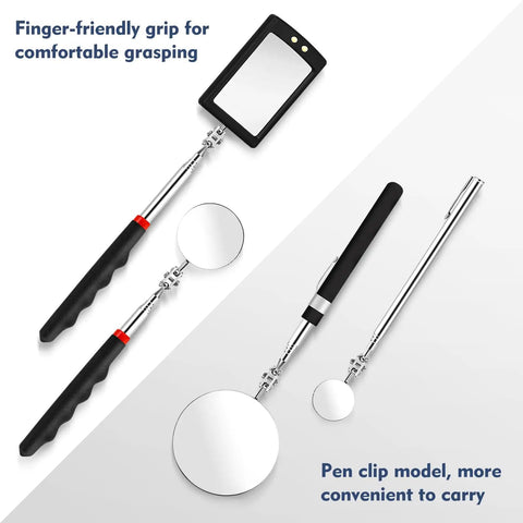 Four Pack Telescoping Inspection Mirror Set With LED Lights 360 Degree Rotation Extendable Mirrors for Car Service and Home Use